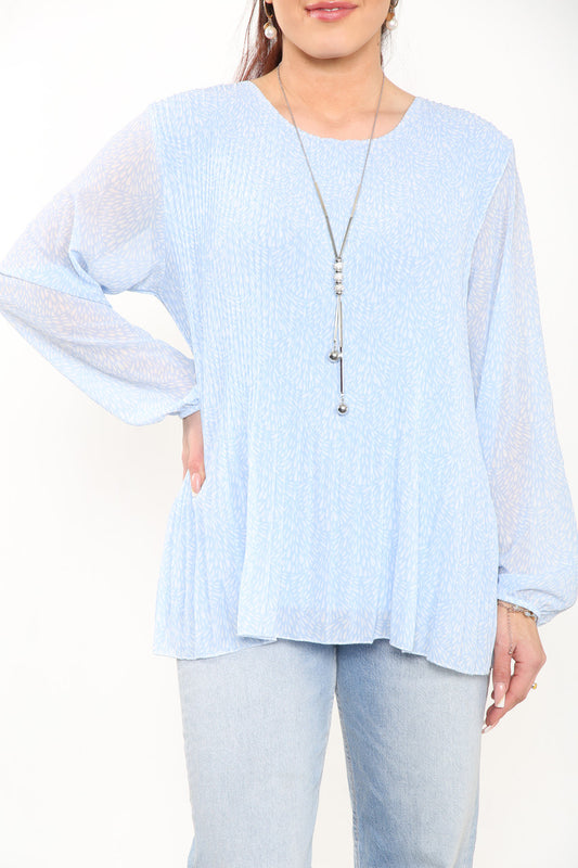 Ladies Ditsy Fleck Print Pleated Blouse Top Light Blue