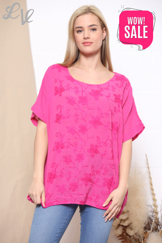 Ladies Embroidered Flower Short Sleeved Top Cerise