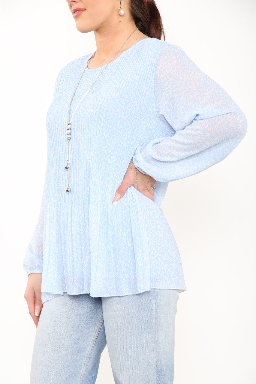 Ladies Ditsy Fleck Print Pleated Blouse Top Light Blue