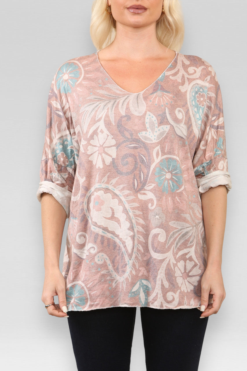 PAISLEY PRINT FIJNGEBREIDE TRUI TOP ROEST