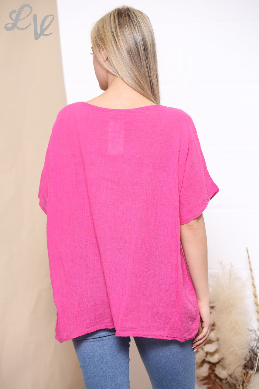 Ladies Embroidered Flower Short Sleeved Top Cerise