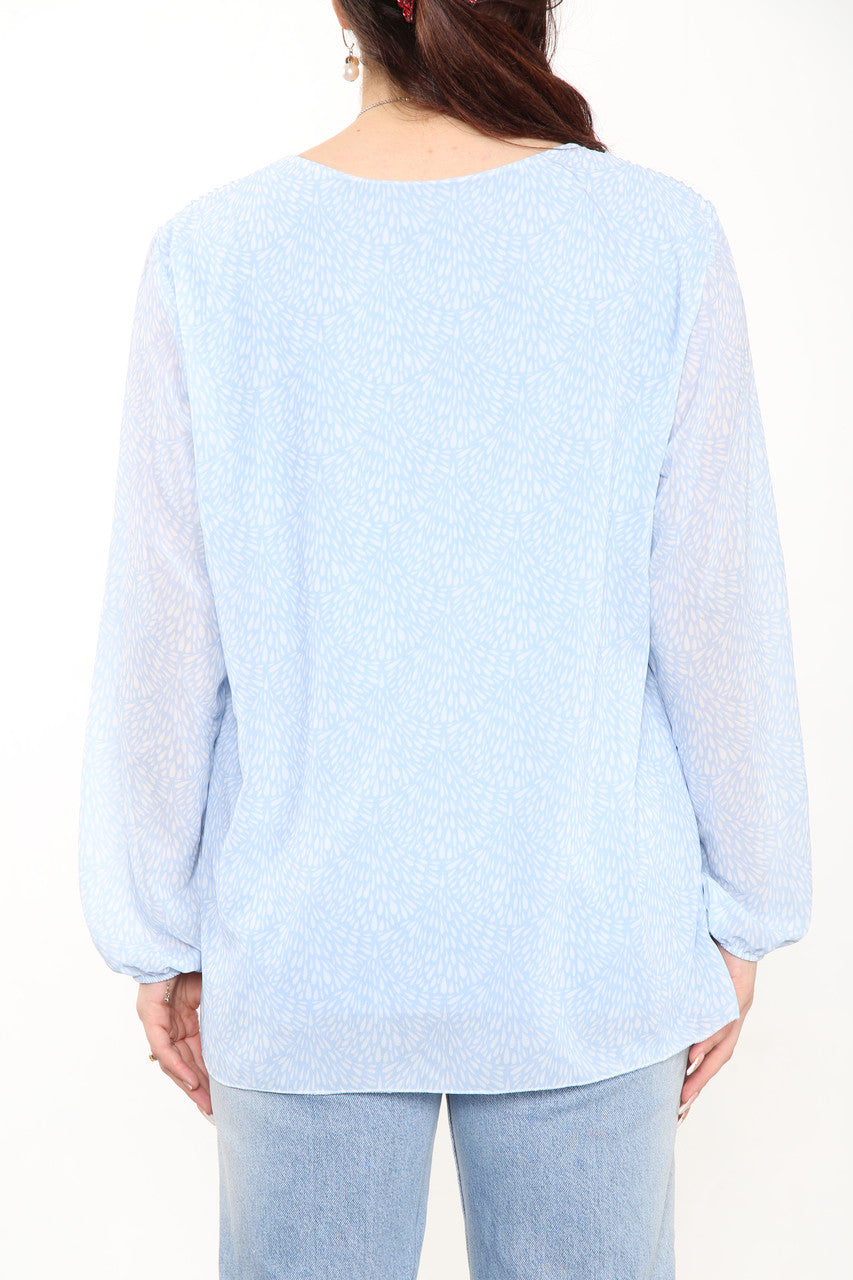Ladies Ditsy Fleck Print Pleated Blouse Top Light Blue
