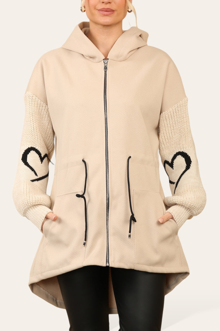 LOVE HEART KNITTED SLEEVE HOODED JACKET BEIGE