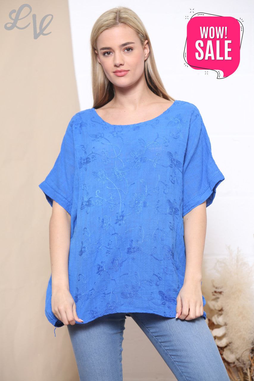 Ladies Embroidered Flower Short Sleeved Top Royal Blue