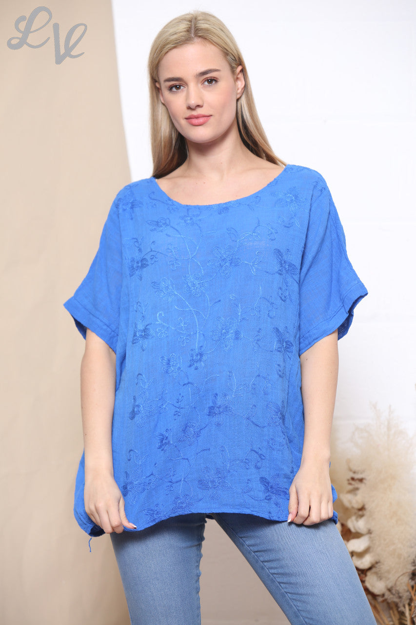 Ladies Embroidered Flower Short Sleeved Top Royal Blue