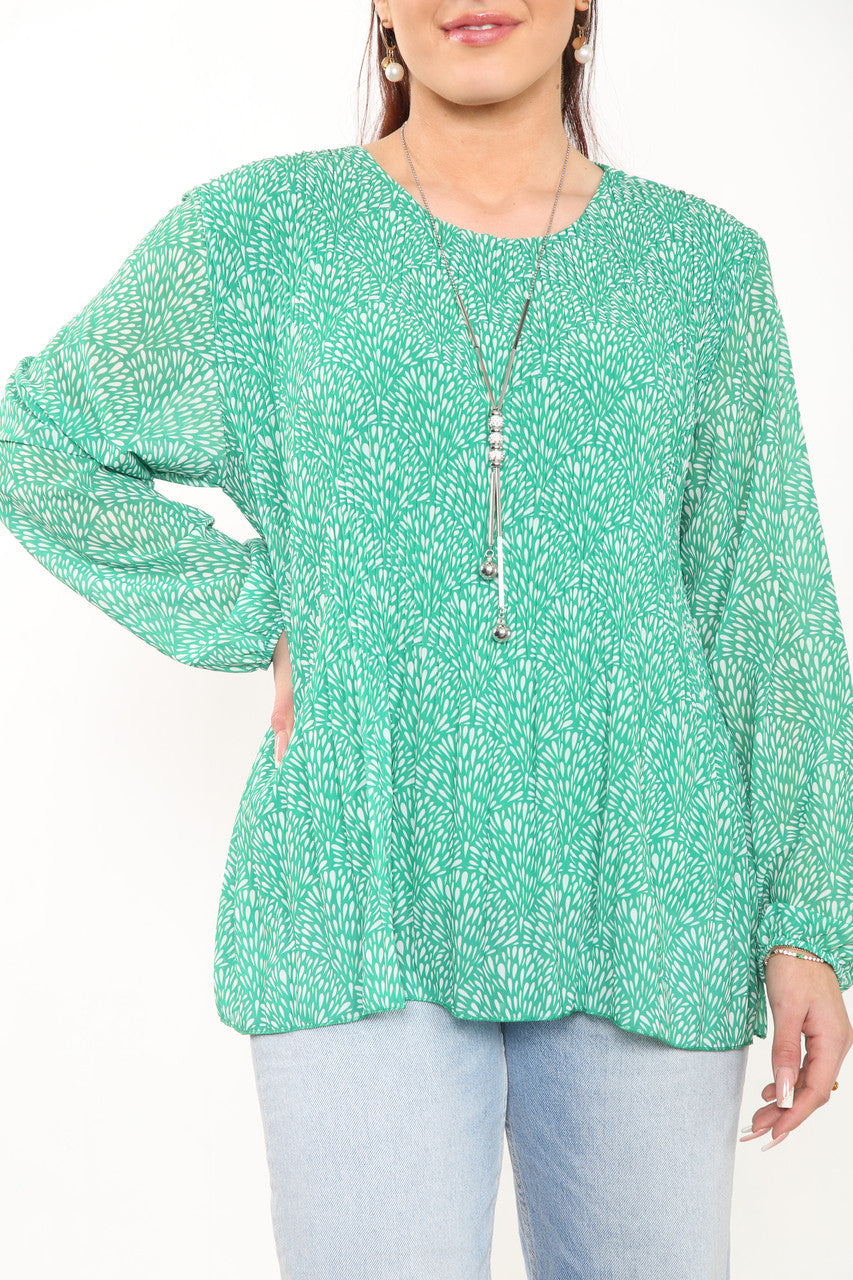 Ladies Ditsy Fleck Print Pleated Blouse Top Green