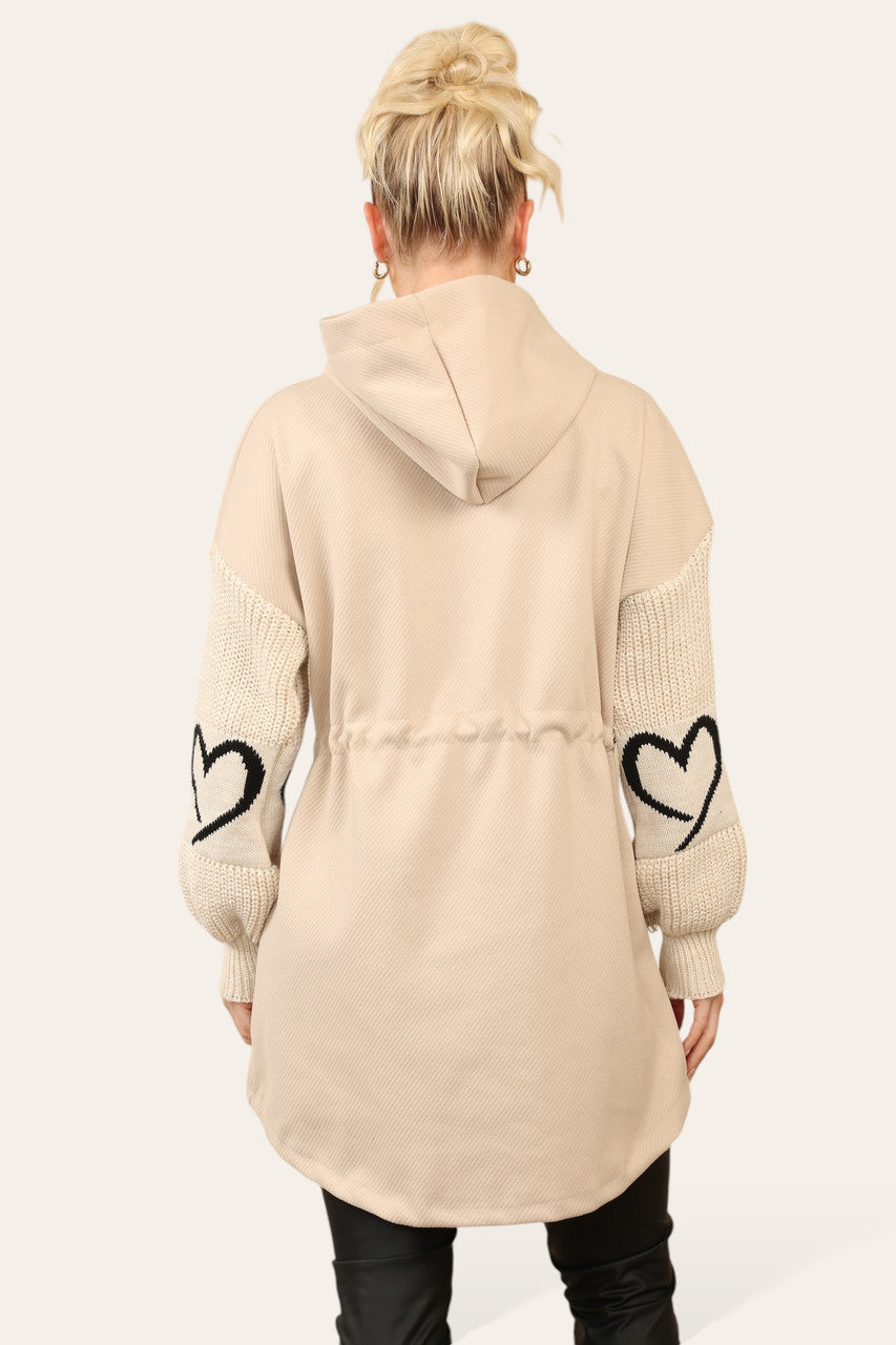 LOVE HEART KNITTED SLEEVE HOODED JACKET BEIGE