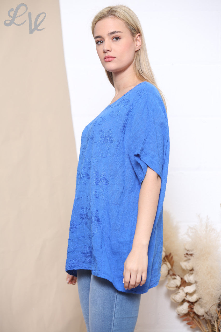 Ladies Embroidered Flower Short Sleeved Top Royal Blue