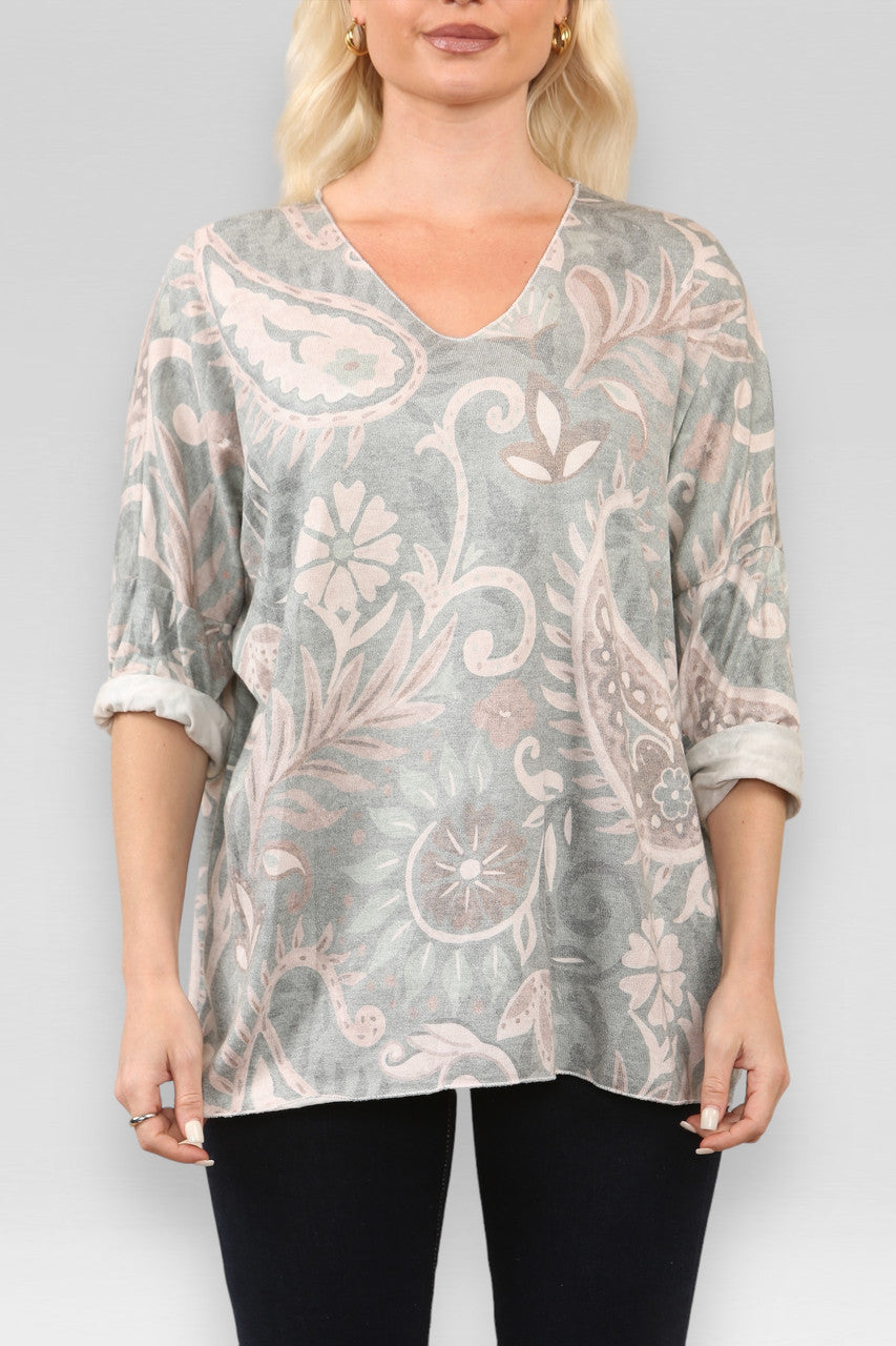 PAISLEY PRINT FIJNGEBREIDE TRUI KHAKI
