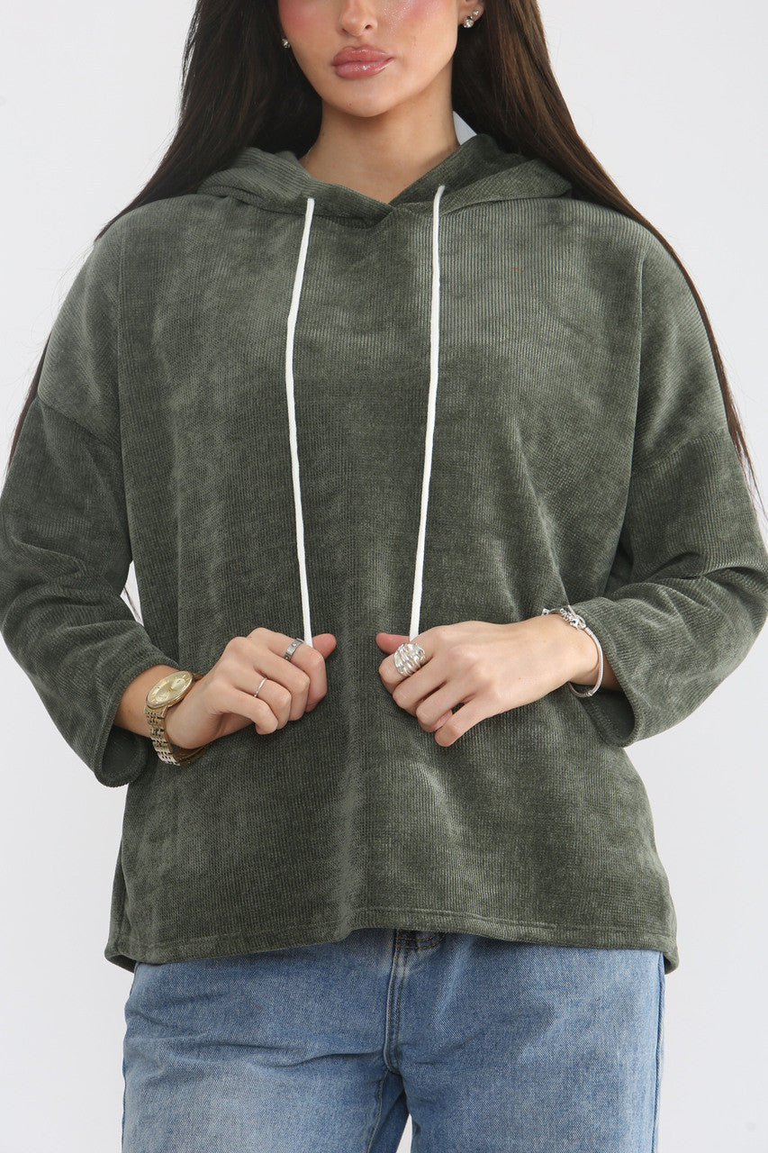 KOORDUROY HOODED TOP - KHAKI