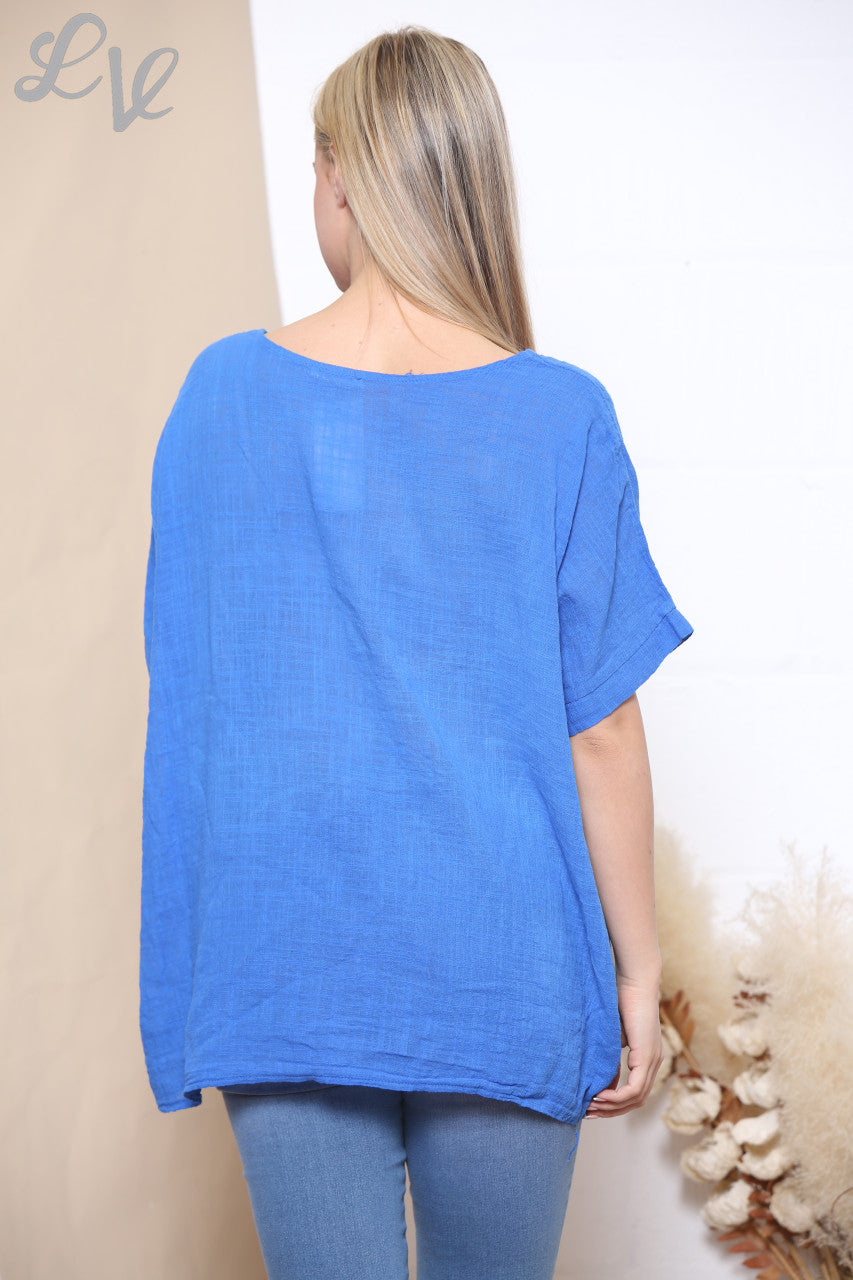 Ladies Embroidered Flower Short Sleeved Top Royal Blue