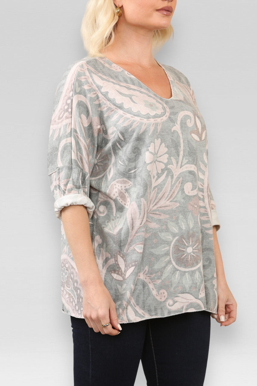 PAISLEY PRINT FIJNGEBREIDE TRUI KHAKI