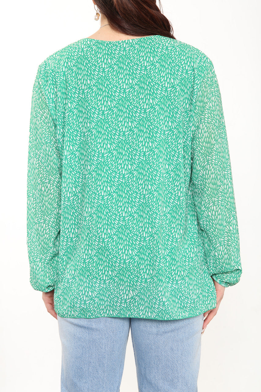 Ladies Ditsy Fleck Print Pleated Blouse Top Green