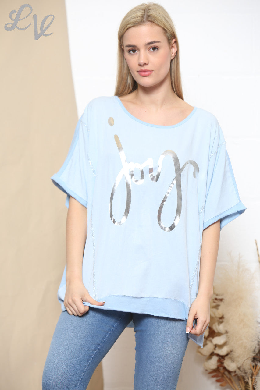 Ladies Foil Joy Script Top Sky Blue
