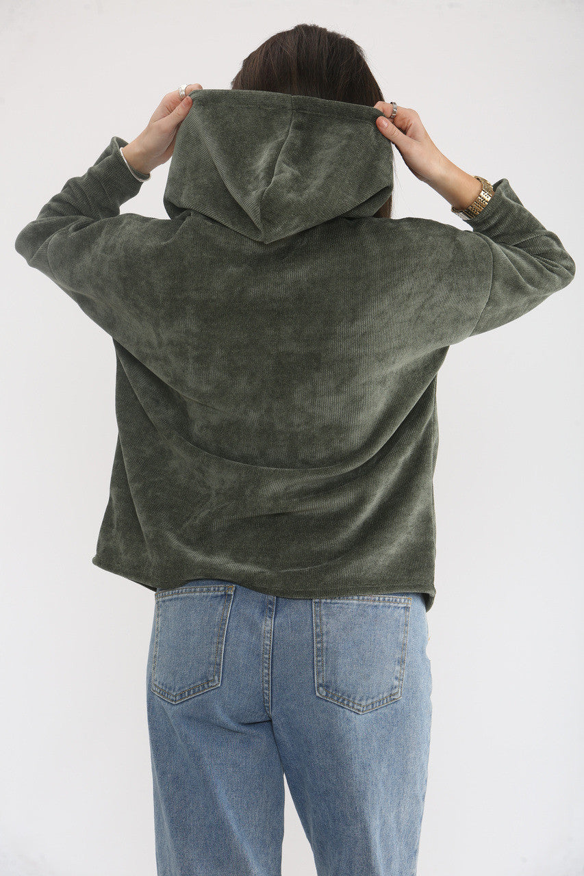 KOORDUROY HOODED TOP - KHAKI
