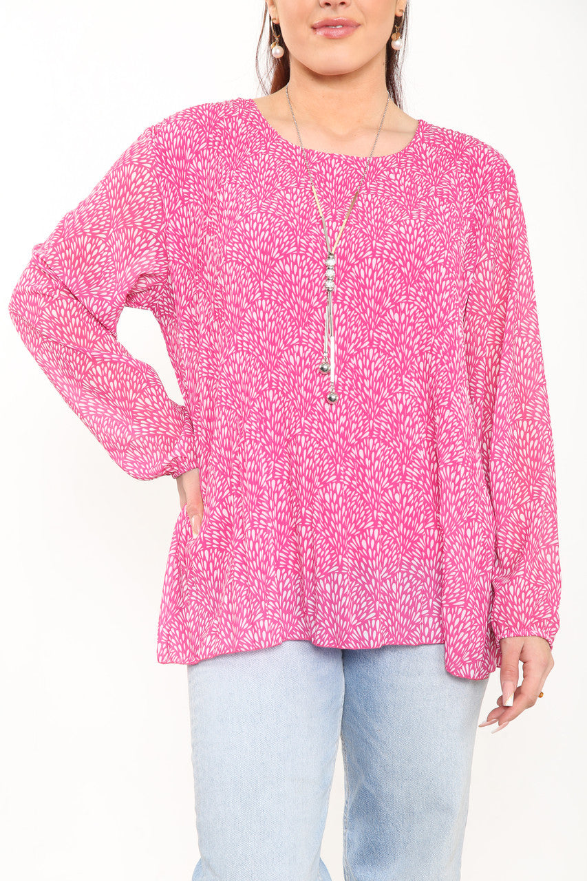Ladies Ditsy Fleck Print Pleated Blouse Top Cerise