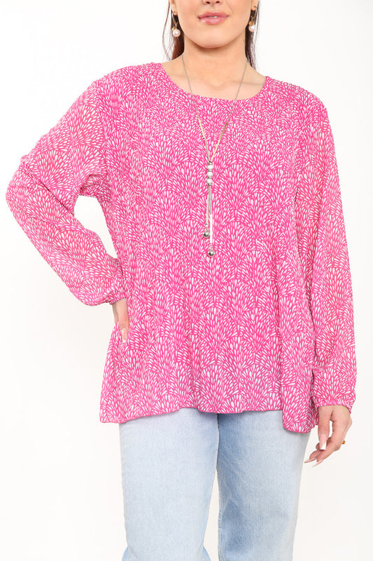 Ladies Ditsy Fleck Print Pleated Blouse Top Cerise