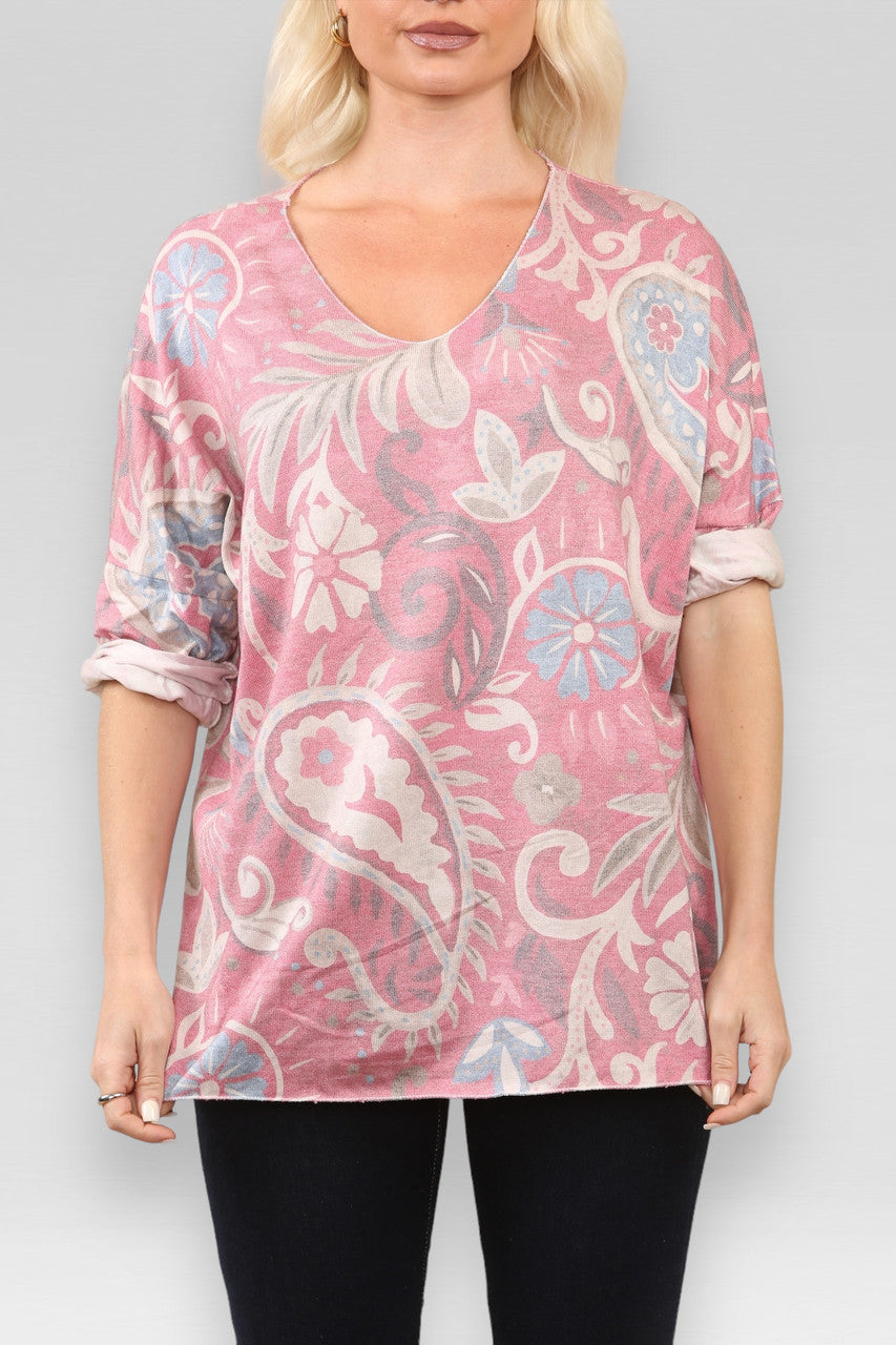 TRUI MET PAISLEYPRINT FIJNGEBREID CERISE
