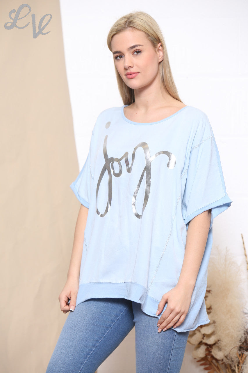 Ladies Foil Joy Script Top Sky Blue