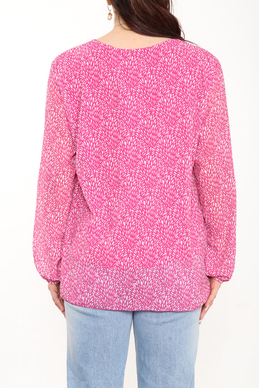 Ladies Ditsy Fleck Print Pleated Blouse Top Cerise