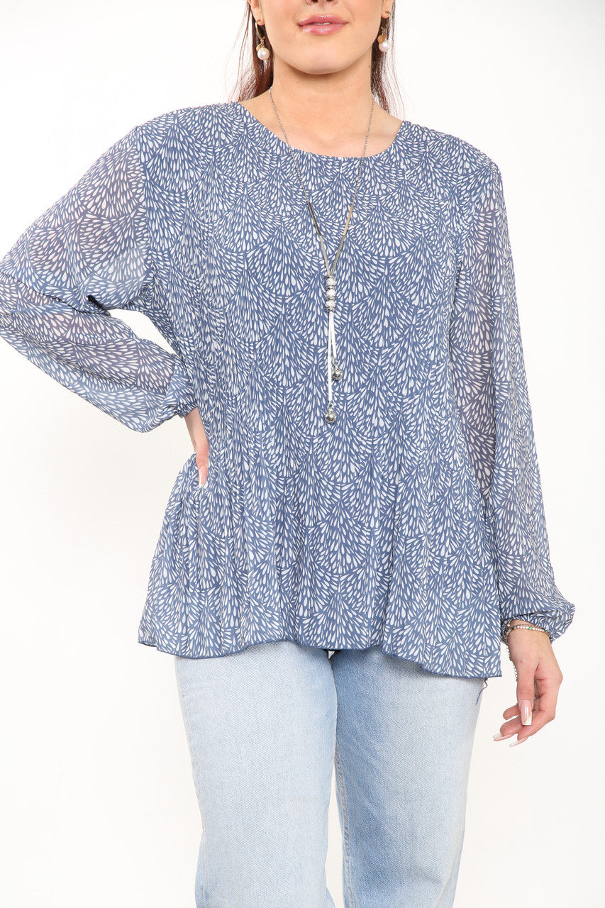 Ladies Ditsy Fleck Print Pleated Blouse Top Denim
