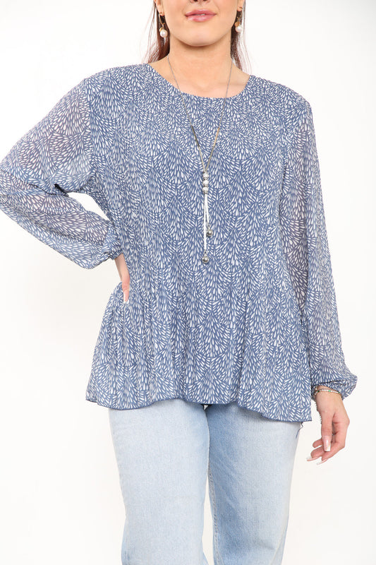 Ladies Ditsy Fleck Print Pleated Blouse Top Denim