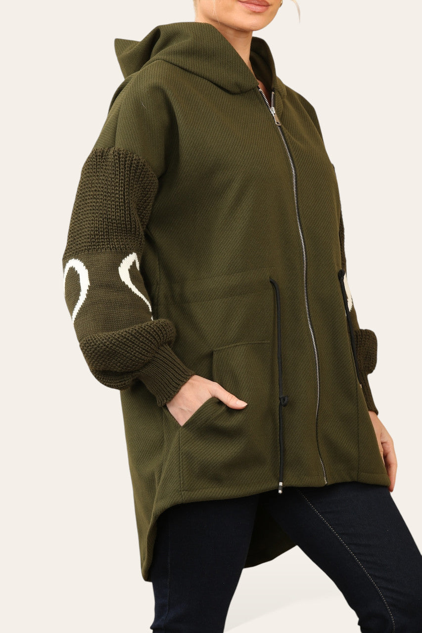 LOVE HEART KNITTED SLEEVE HOODED JACKET KHAKI
