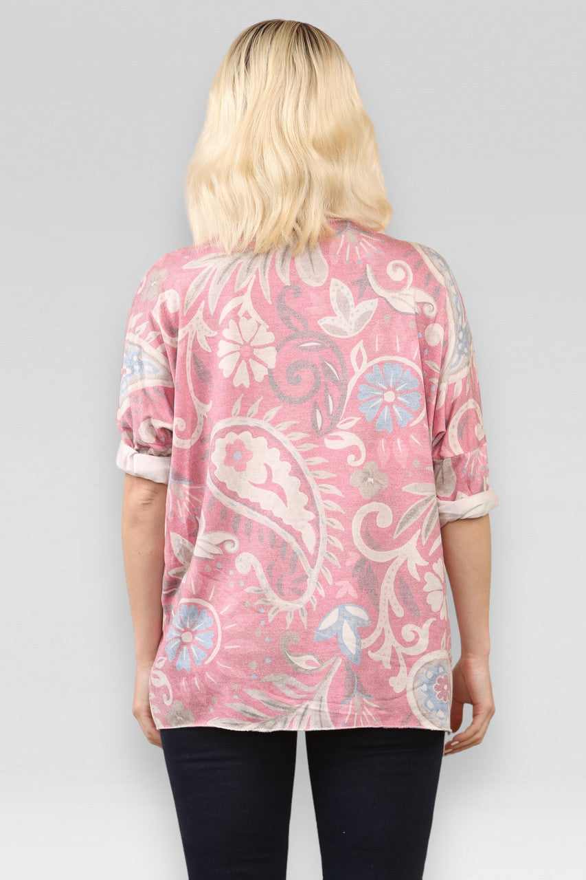 TRUI MET PAISLEYPRINT FIJNGEBREID CERISE