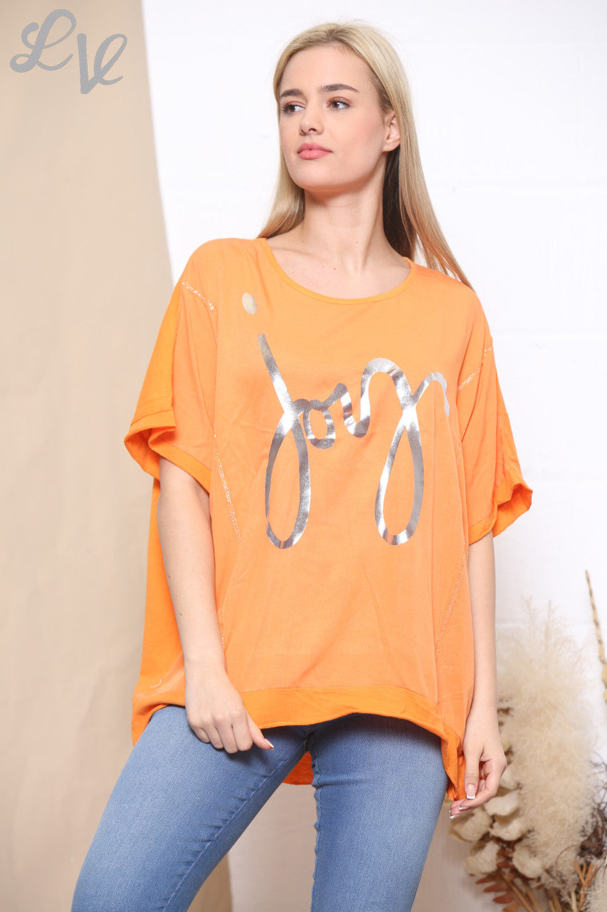 Ladies Foil Joy Script Top Orange