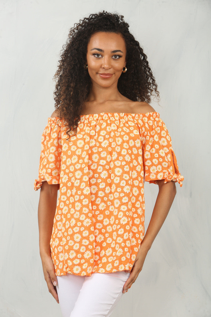 DITSY DAISY PRINT OFF THE SHOULDER BARDOT TOP ORANJE