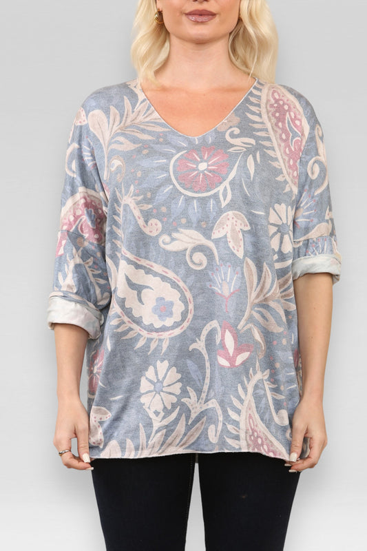 PAISLEY PRINT FINE KNIT JUMPER TOP DENIM