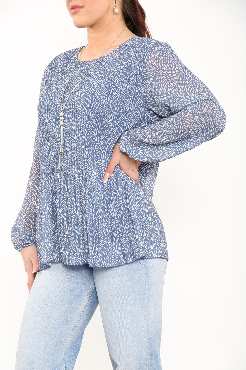 Ladies Ditsy Fleck Print Pleated Blouse Top Denim