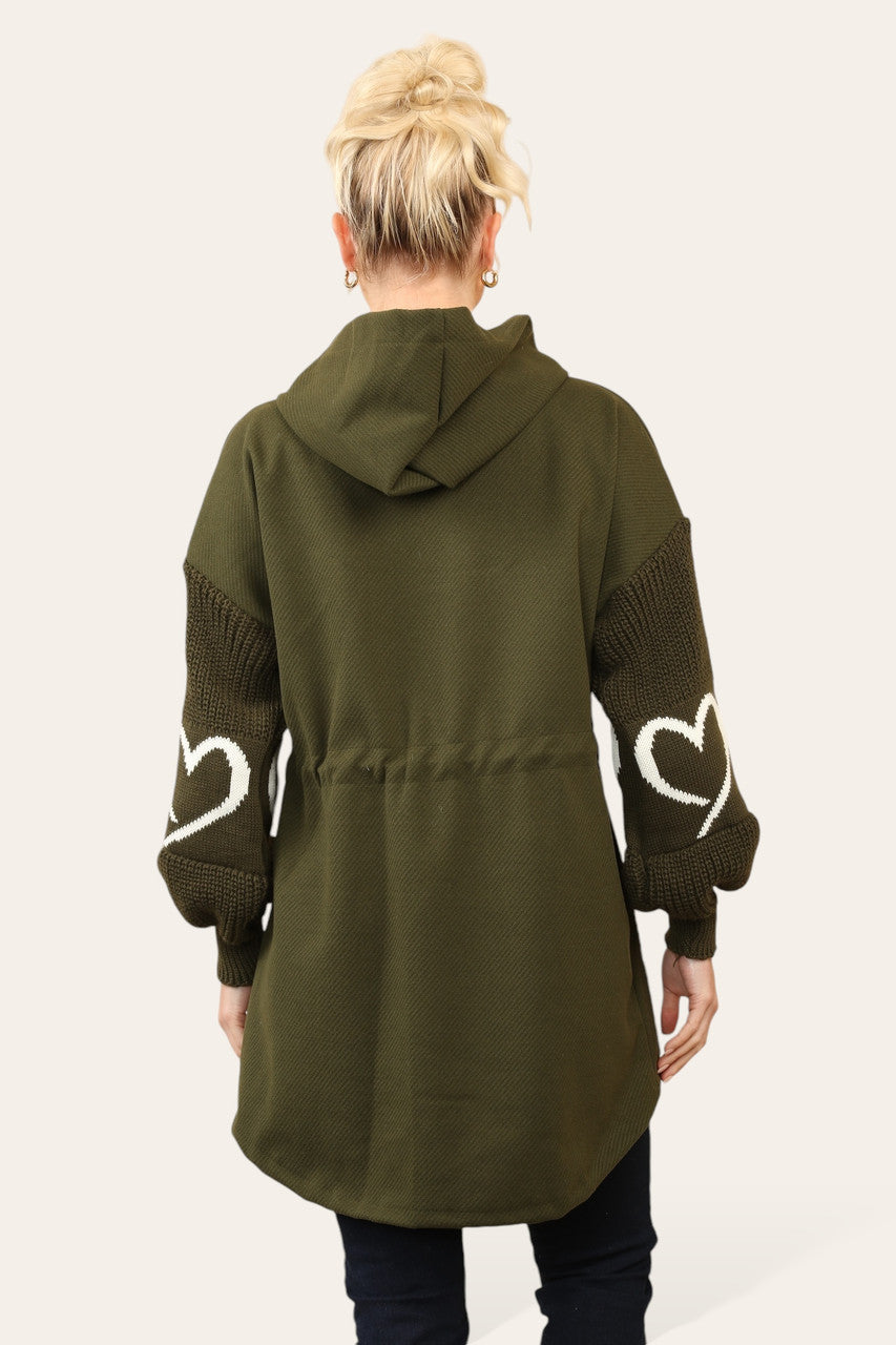 LOVE HEART KNITTED SLEEVE HOODED JACKET KHAKI
