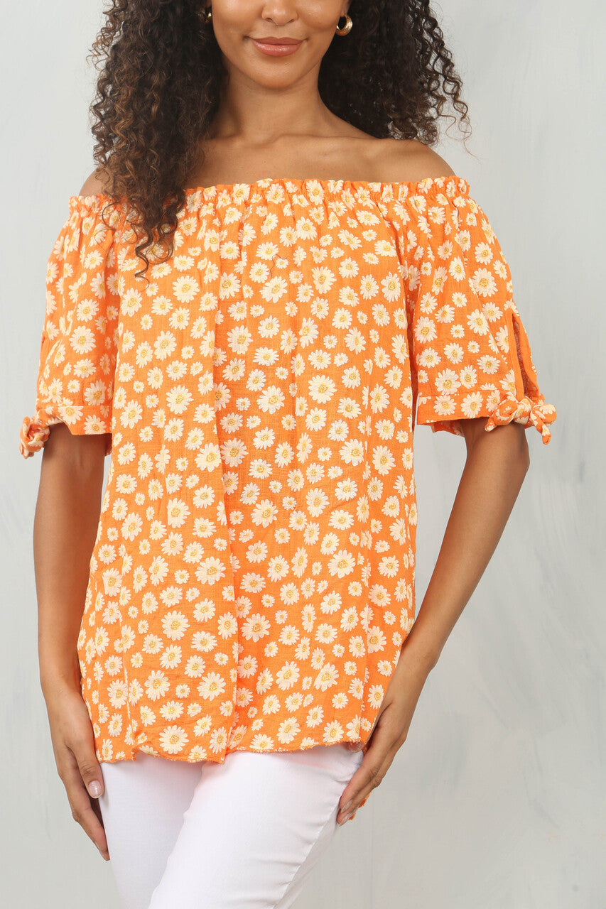 DITSY DAISY PRINT OFF THE SHOULDER BARDOT TOP ORANJE