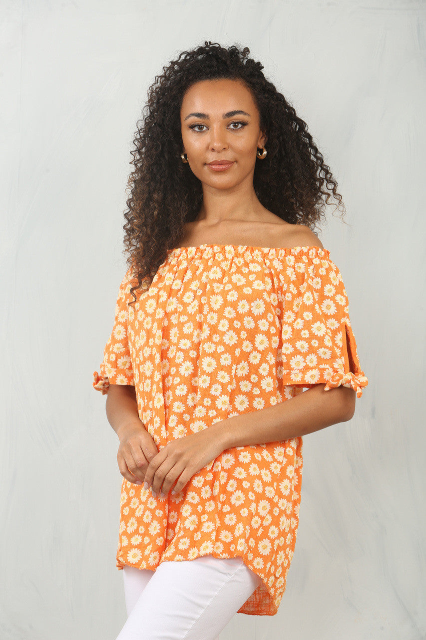 DITSY DAISY PRINT OFF THE SHOULDER BARDOT TOP ORANJE