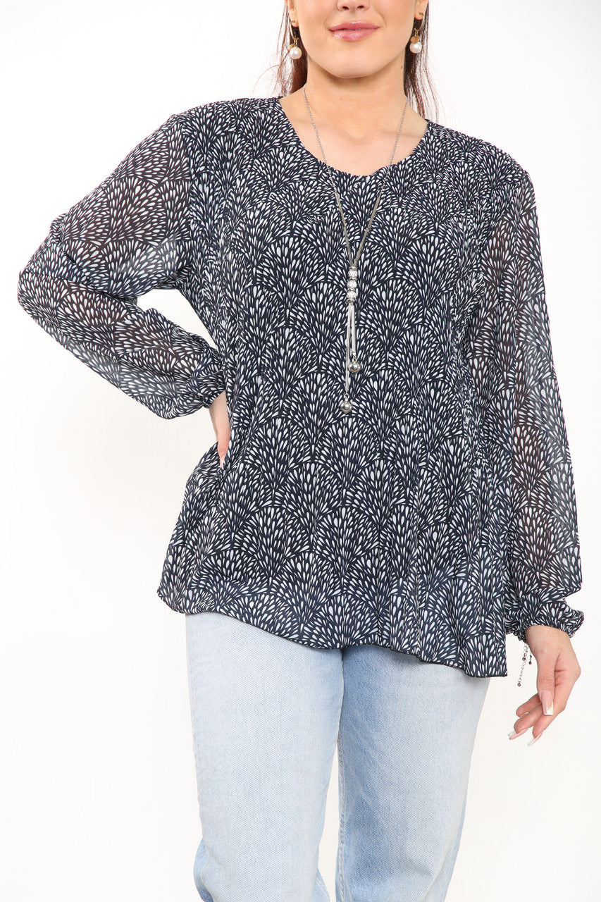 Ladies Ditsy Fleck Print Pleated Blouse Top Navy