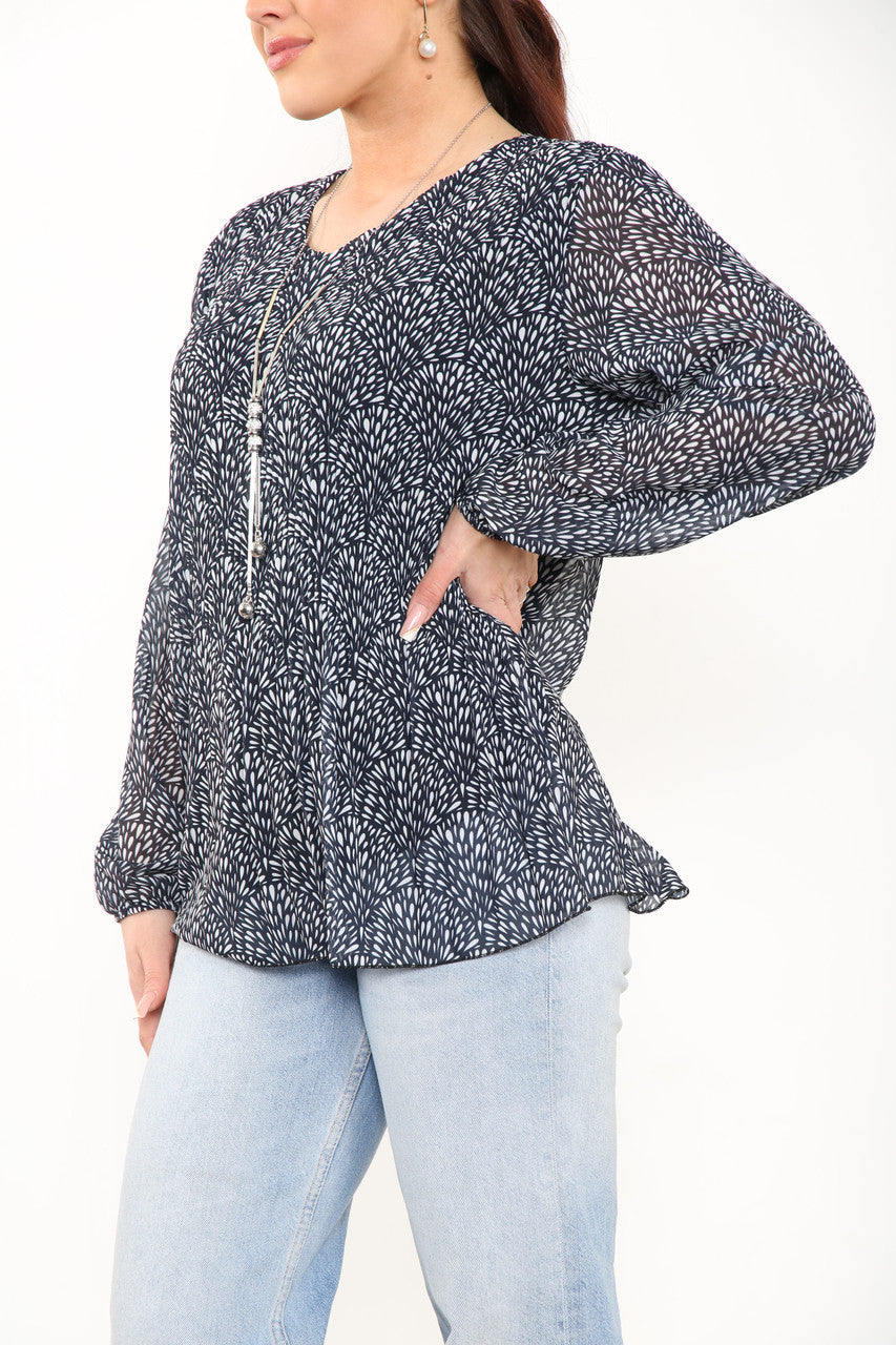 Ladies Ditsy Fleck Print Pleated Blouse Top Navy