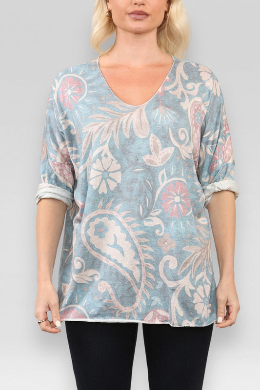PAISLEY PRINT FINE KNIT JUMPER TOP TEAL