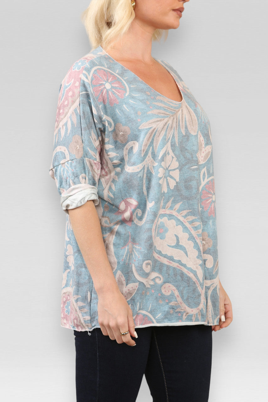 TRUI MET PAISLEY PRINT FIJNGEBREID TEAL
