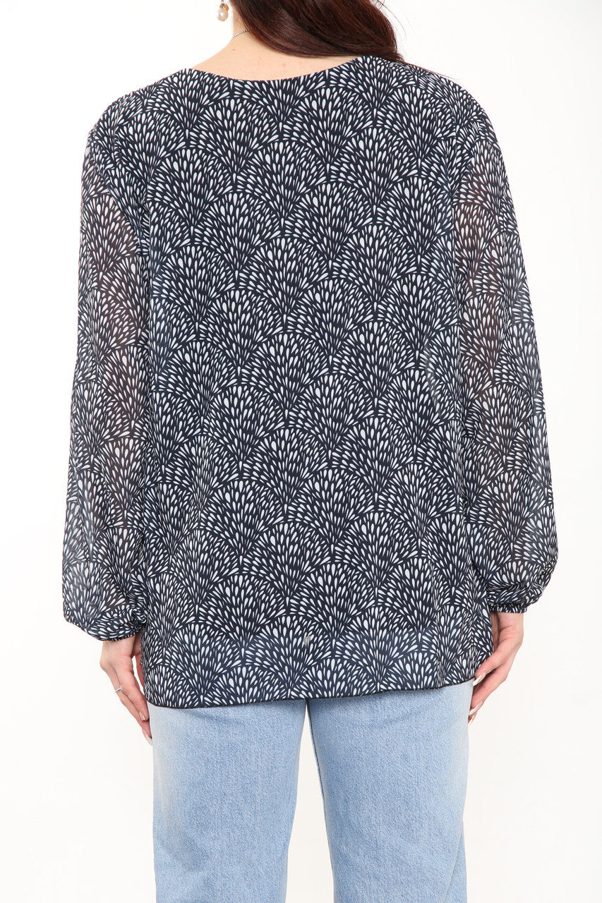 Ladies Ditsy Fleck Print Pleated Blouse Top Navy