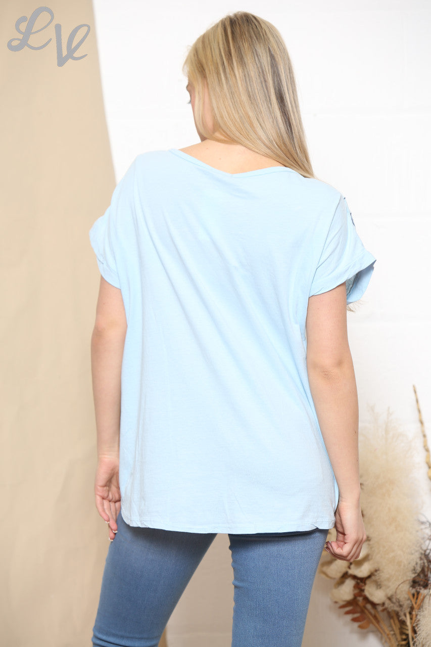 Ladies Embroidered Swirl Flower Short Sleeved Top Mint