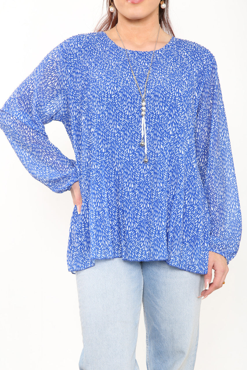 Ladies Ditsy Fleck Print Pleated Blouse Top Royal Blue