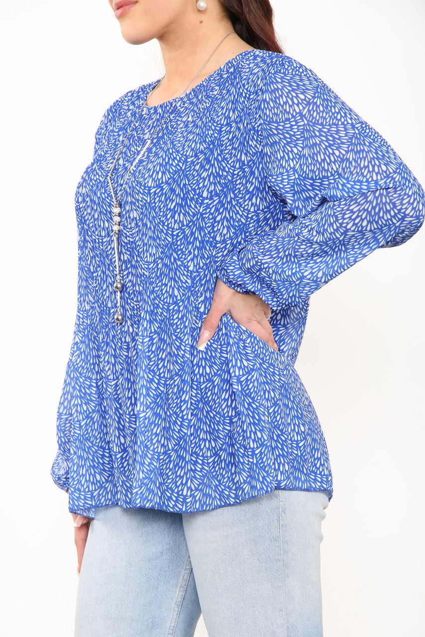 Ladies Ditsy Fleck Print Pleated Blouse Top Royal Blue
