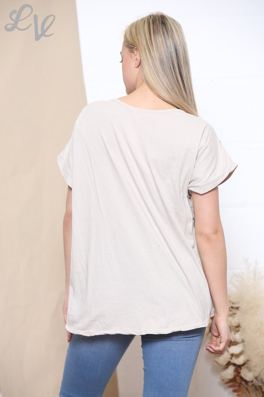 Ladies Embroidered Swirl Flower Short Sleeved Top Stone