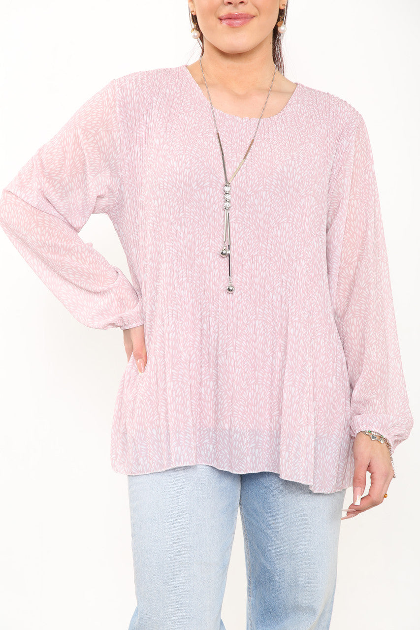 Ladies Ditsy Fleck Print Pleated Blouse Top Dusty Pink