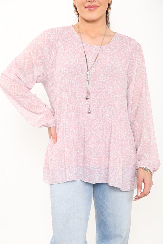 Ladies Ditsy Fleck Print Pleated Blouse Top Dusty Pink