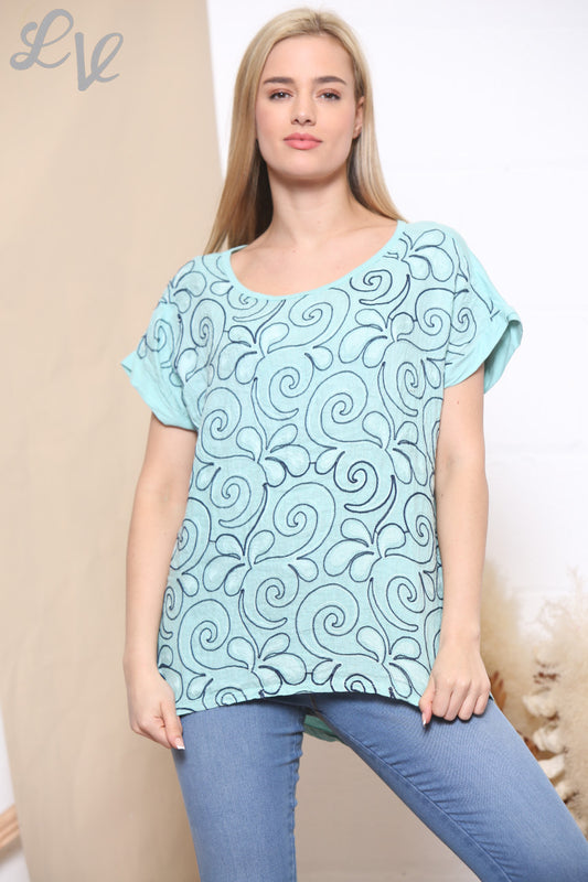 Ladies Embroidered Swirl Flower Short Sleeved Top Sky Blue