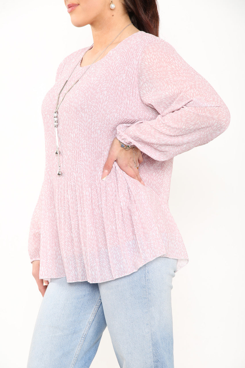 Ladies Ditsy Fleck Print Pleated Blouse Top Dusty Pink