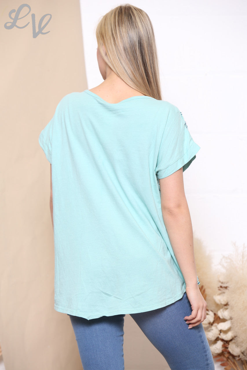 Ladies Embroidered Swirl Flower Short Sleeved Top Sky Blue