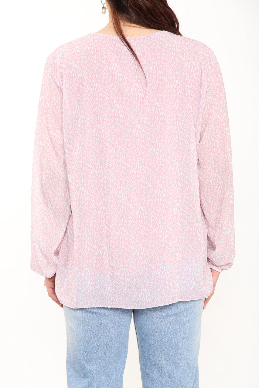 Ladies Ditsy Fleck Print Pleated Blouse Top Dusty Pink